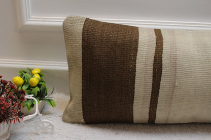 Vintage Turkish Rug Lumbar Pillow Cover: Brown Beige Wool, 12x24 inch