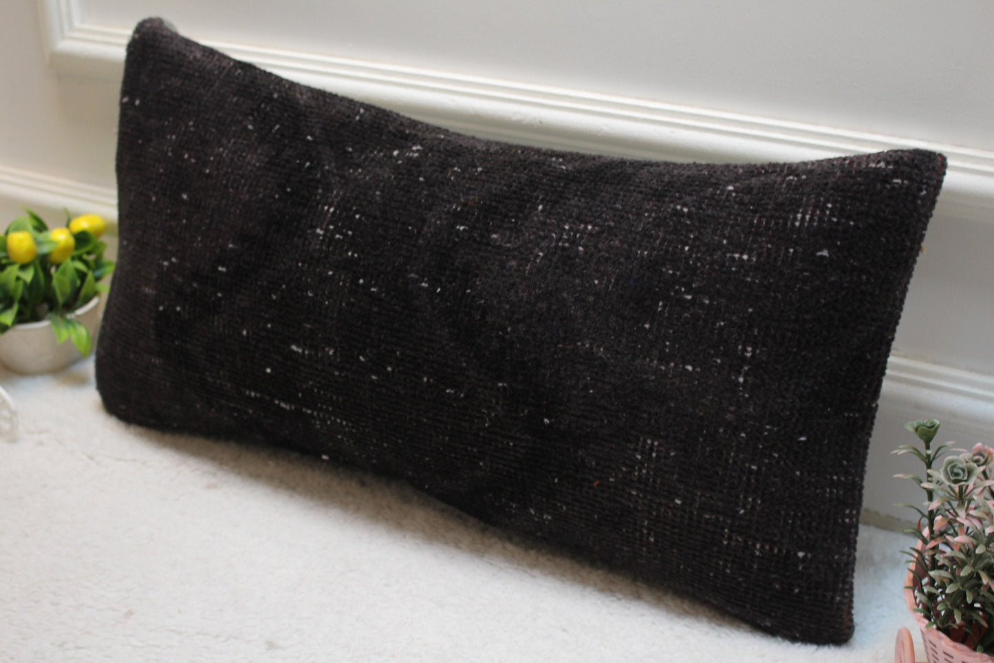 Black Turkish Rug Lumbar Pillow Cover: Handmade Kilim, 12x24 inch