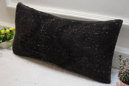 Black Turkish Rug Lumbar Pillow Cover: Handmade Kilim, 12x24 inch