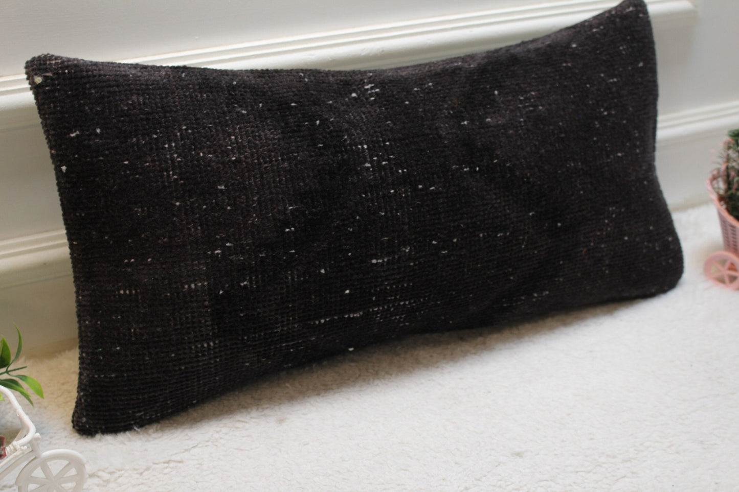 Black Turkish Rug Lumbar Pillow Cover: Handmade Kilim, 12x24 inch