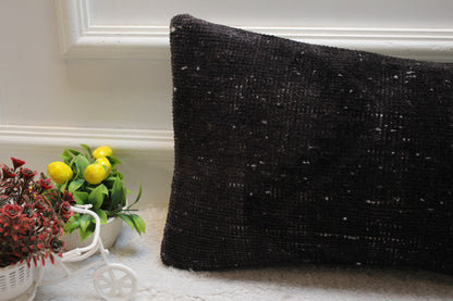 Black Turkish Rug Lumbar Pillow Cover: Handmade Kilim, 12x24 inch