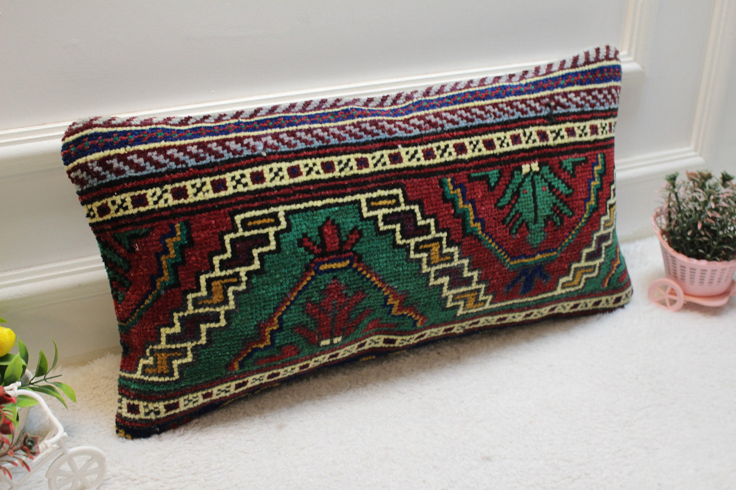 Handmade Turkish Kilim Lumbar Pillow Cover: Upcycled Anatolian Rug, 12x24 inc