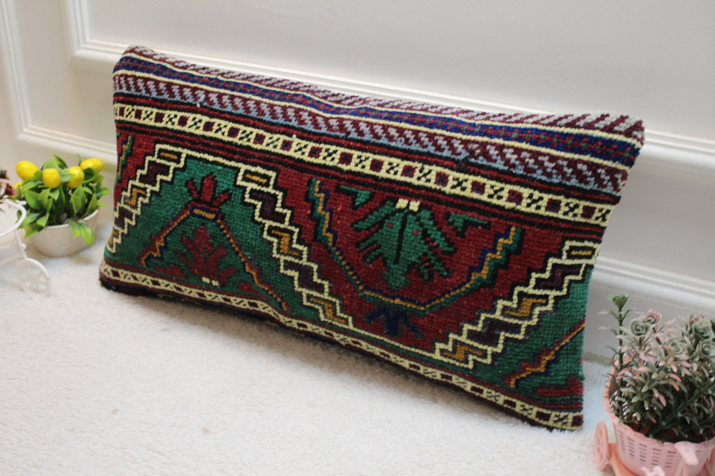 Handmade Turkish Kilim Lumbar Pillow Cover: Upcycled Anatolian Rug, 12x24 inc