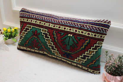 Handmade Turkish Kilim Lumbar Pillow Cover: Upcycled Anatolian Rug, 12x24 inc