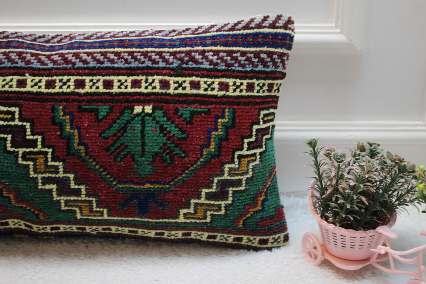 Handmade Turkish Kilim Lumbar Pillow Cover: Upcycled Anatolian Rug, 12x24 inc