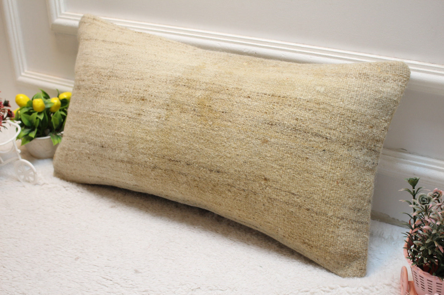 Beige Kilim Lumbar Pillow Cover: Vintage Woven Rug, 12x24 inch