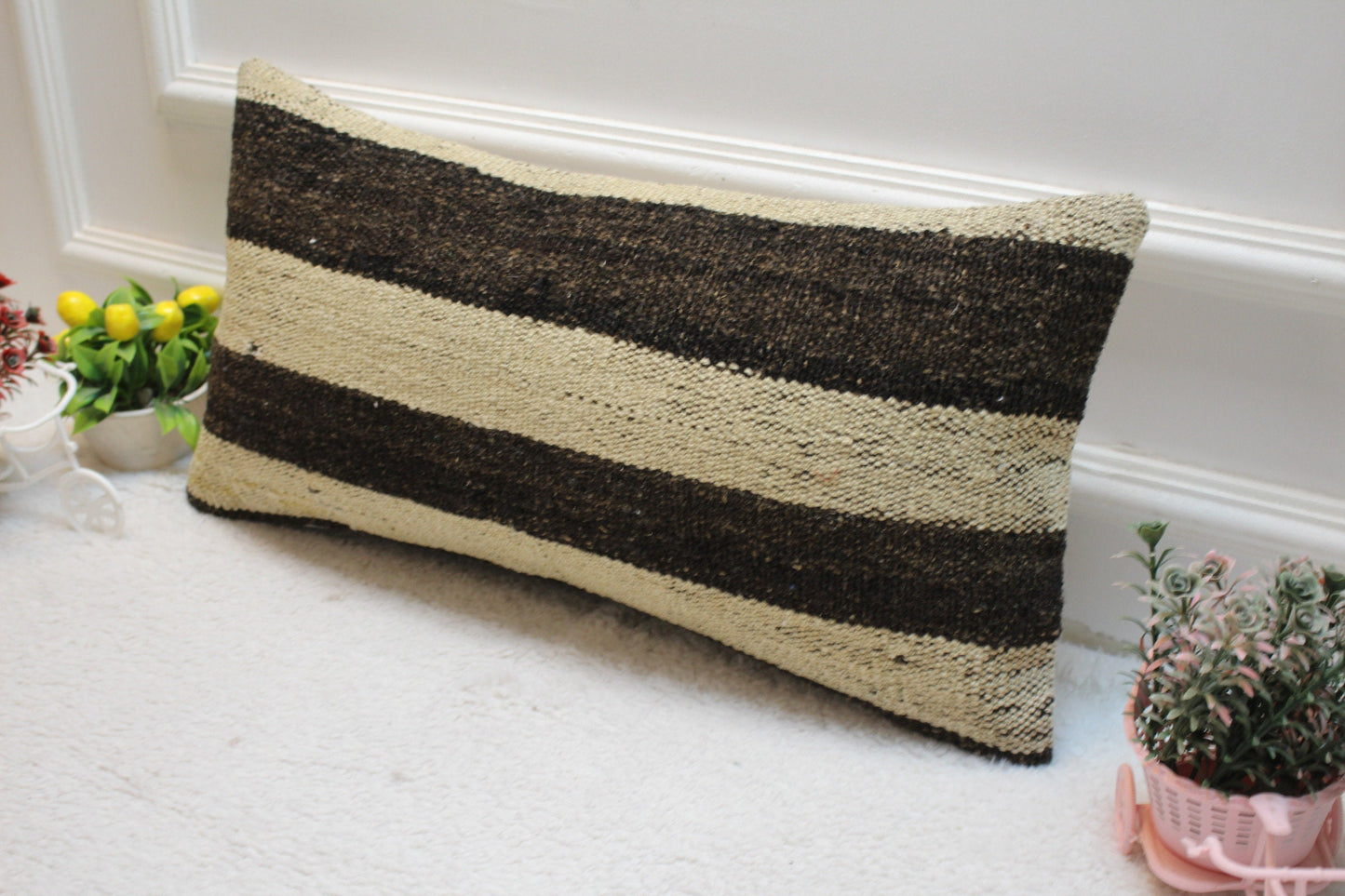 Striped Kilim Pillow Cover: Organic Wool Lumbar Pillow (12x24 in)