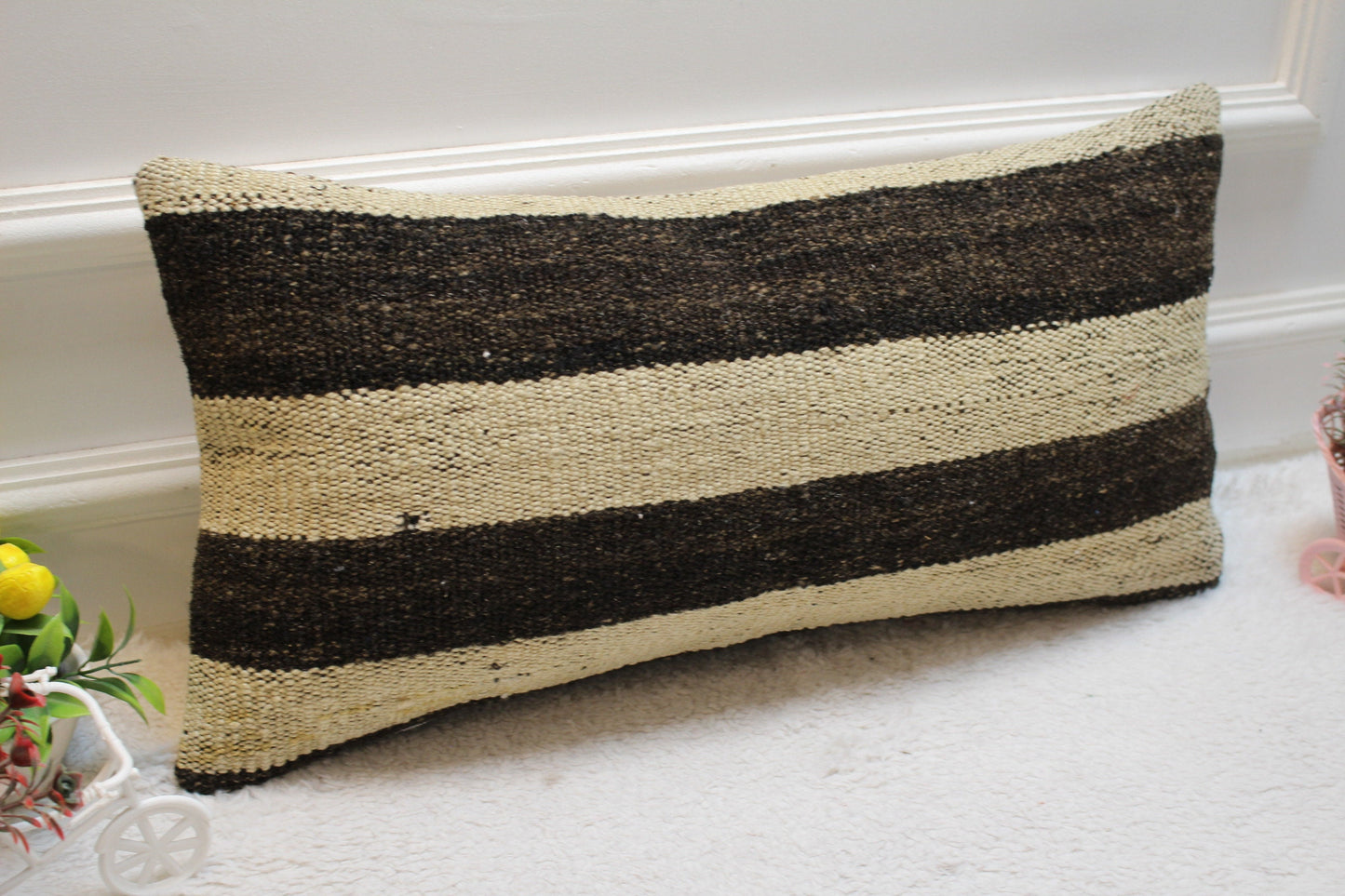 Striped Kilim Pillow Cover: Organic Wool Lumbar Pillow (12x24 in)