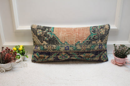 Handmade Kilim Lumbar Pillow Cover: Black, Orange, Green Rug Pillow (12x24 inc)