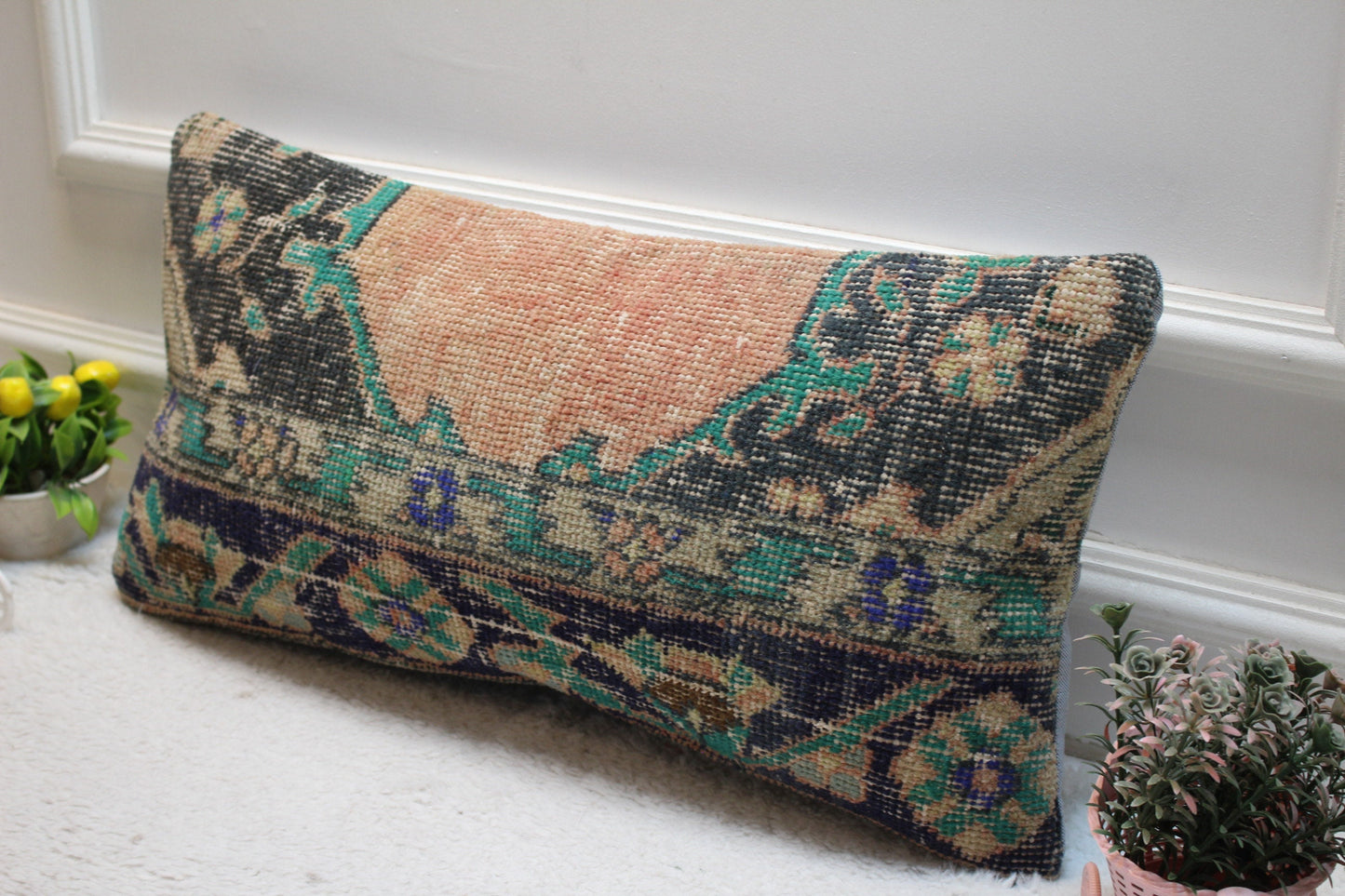 Handmade Kilim Lumbar Pillow Cover: Black, Orange, Green Rug Pillow (12x24 inc)