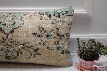 Handmade Organic Wool Lumbar Pillow Cover: Turkish Rug Design (12X24 inc.)