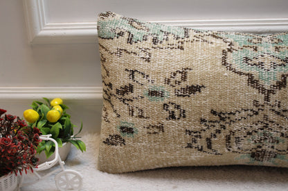Handmade Organic Wool Lumbar Pillow Cover: Turkish Rug Design (12X24 inc.)