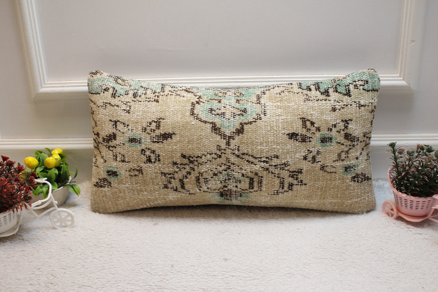 Handmade Organic Wool Lumbar Pillow Cover: Turkish Rug Design (12X24 inc.)