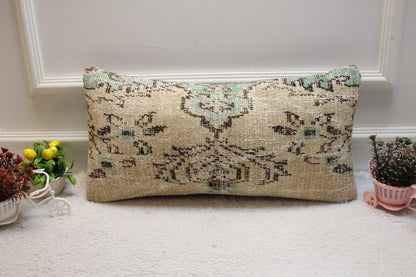Handmade Organic Wool Lumbar Pillow Cover: Turkish Rug Design (12X24 inc.)