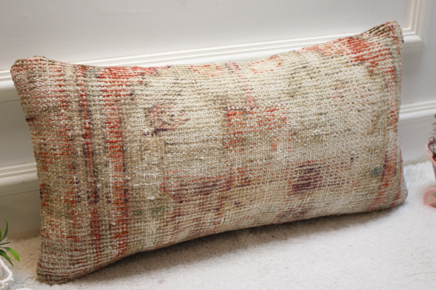 Handmade Turkish Rug Lumbar Pillow Cover: Red Beige Wool (12x24 in)