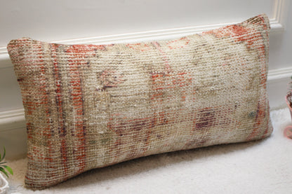 Handmade Turkish Rug Lumbar Pillow Cover: Red Beige Wool (12x24 in)