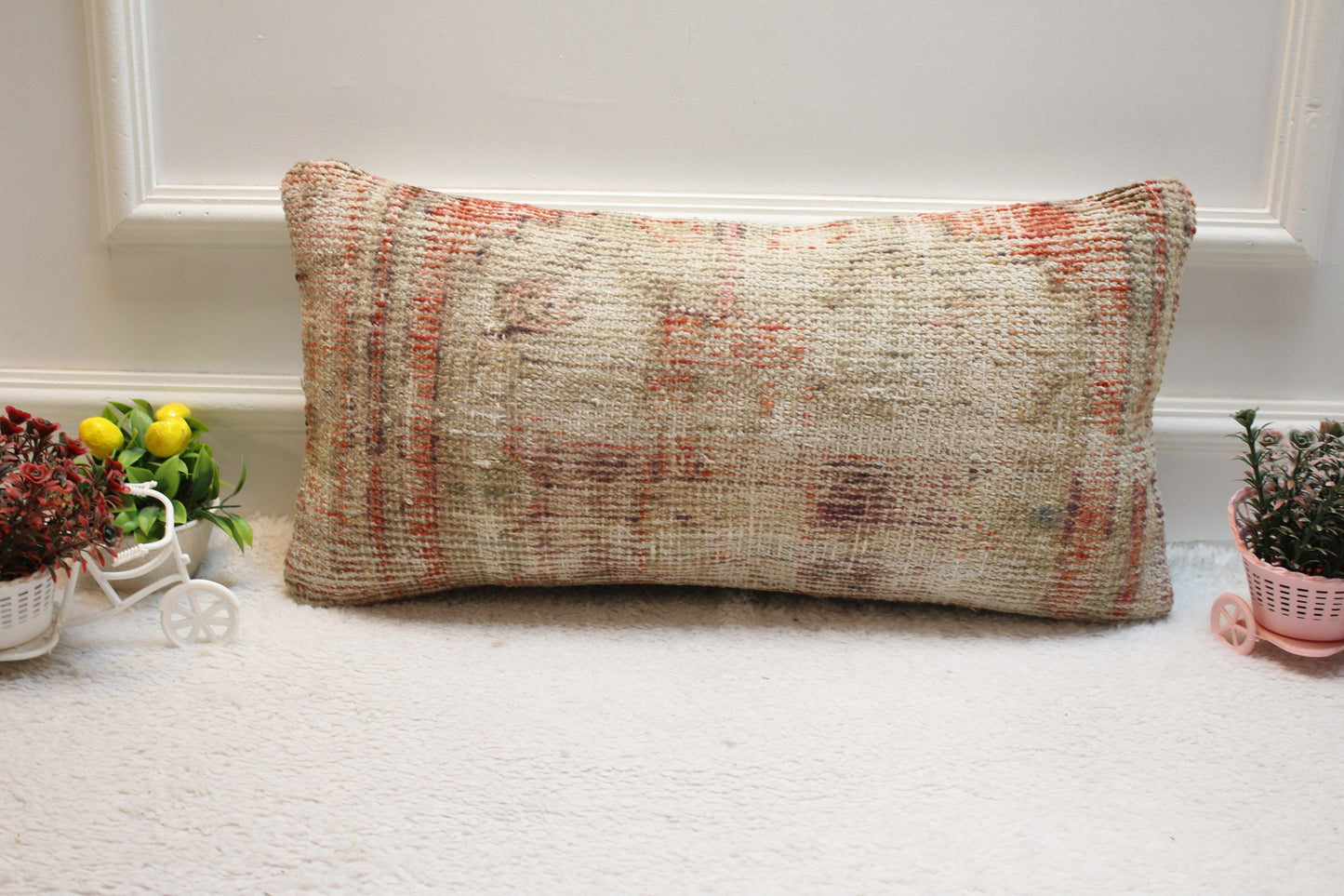 Handmade Turkish Rug Lumbar Pillow Cover: Red Beige Wool (12x24 in)