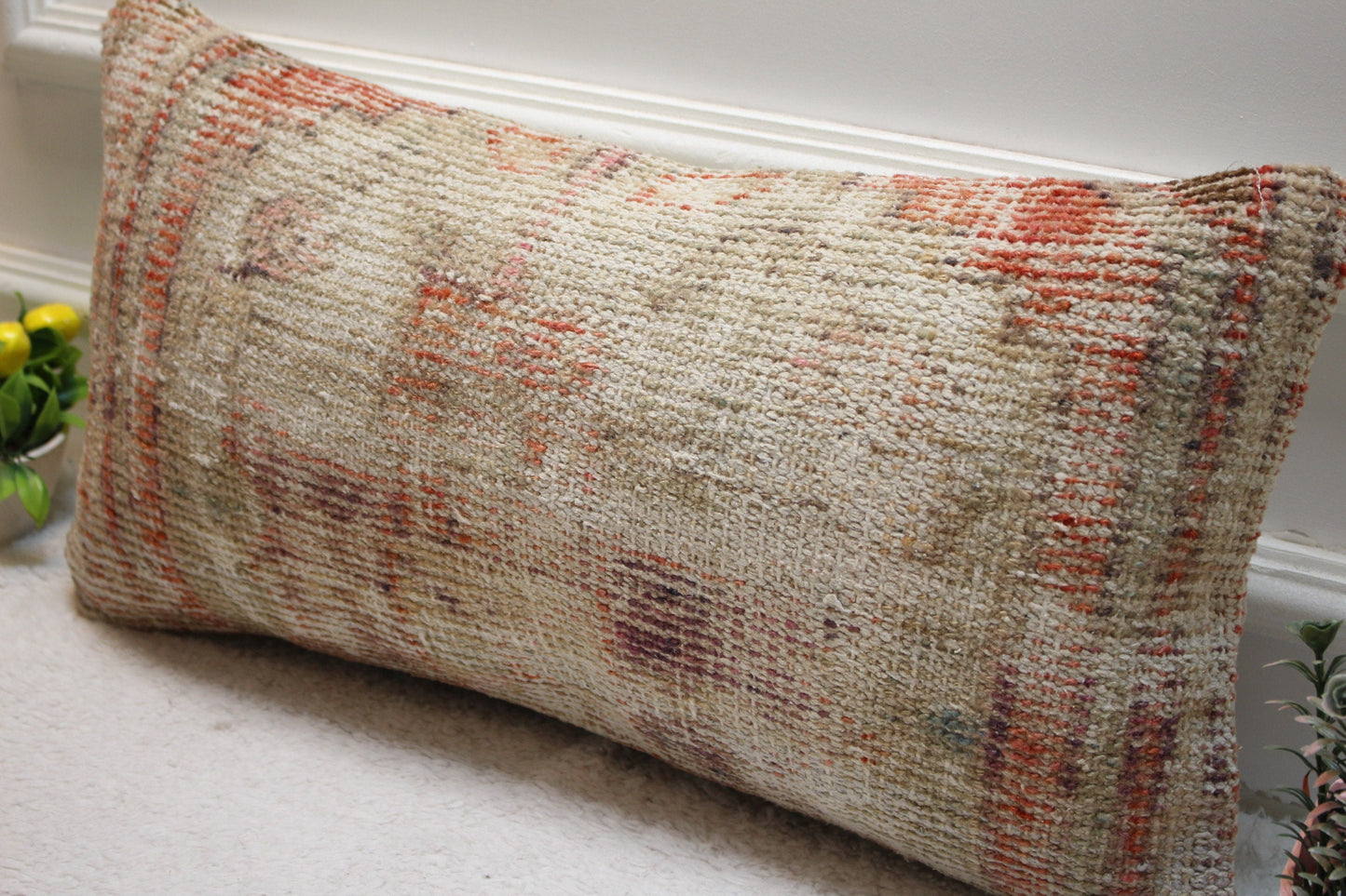 Handmade Turkish Rug Lumbar Pillow Cover: Red Beige Wool (12x24 in)