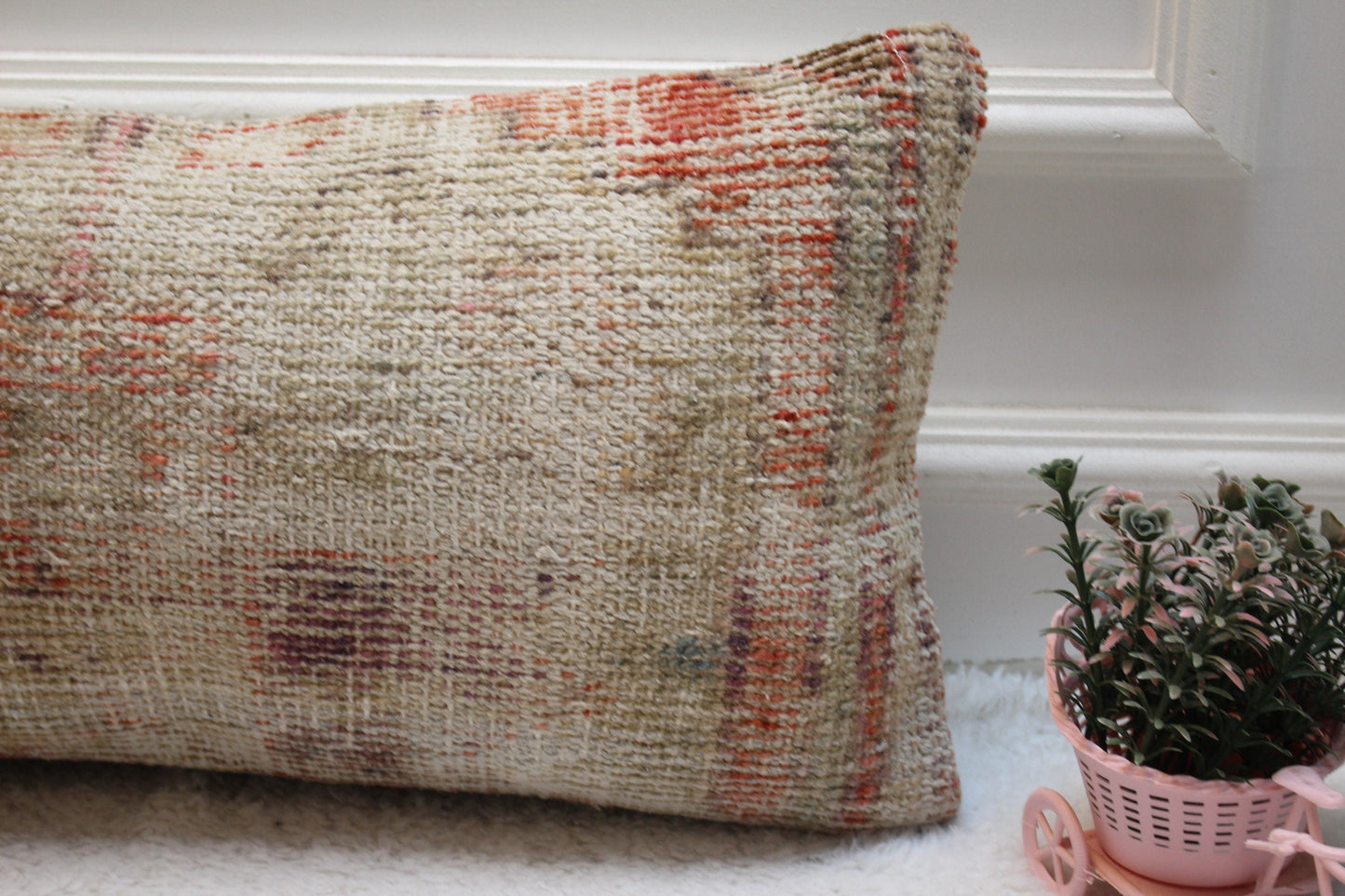 Handmade Turkish Rug Lumbar Pillow Cover: Red Beige Wool (12x24 in)