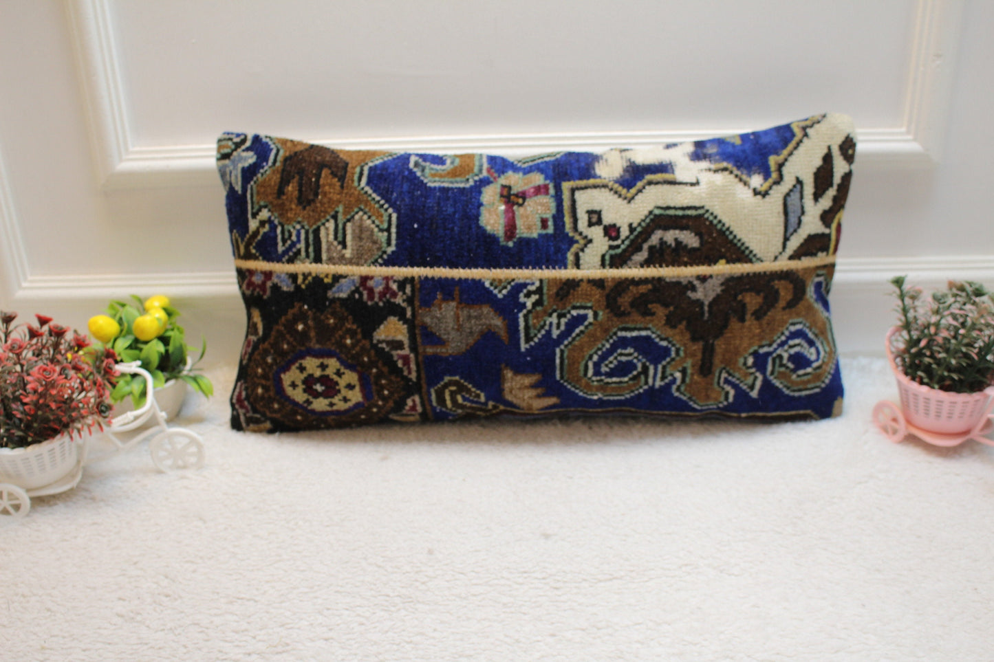 Vintage Turkish Rug Lumbar Pillow Cover: Blue Brown Wool, 12x24 inch