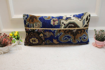 Vintage Turkish Rug Lumbar Pillow Cover: Blue Brown Wool, 12x24 inch