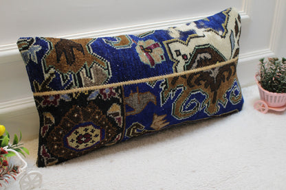 Vintage Turkish Rug Lumbar Pillow Cover: Blue Brown Wool, 12x24 inch