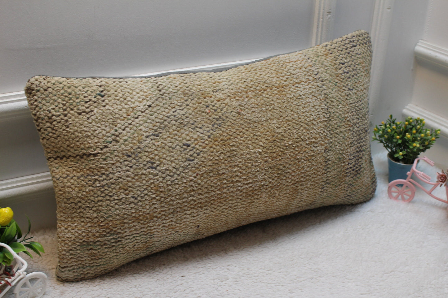 Beige Vintage Turkish Rug Pillow Cover: 12x24 Wool Lumbar Pillow