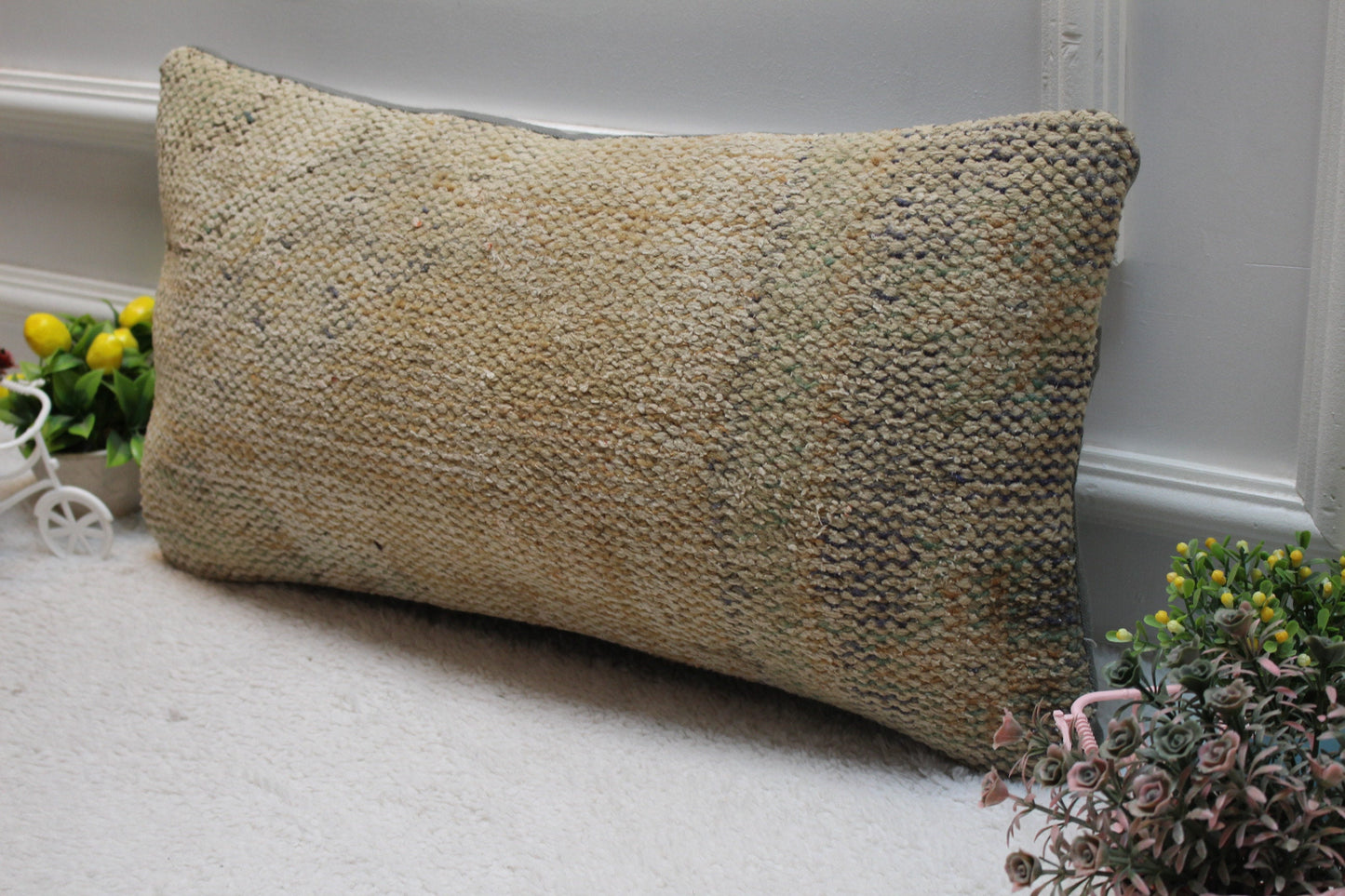 Beige Vintage Turkish Rug Pillow Cover: 12x24 Wool Lumbar Pillow
