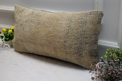 Beige Vintage Turkish Rug Pillow Cover: 12x24 Wool Lumbar Pillow