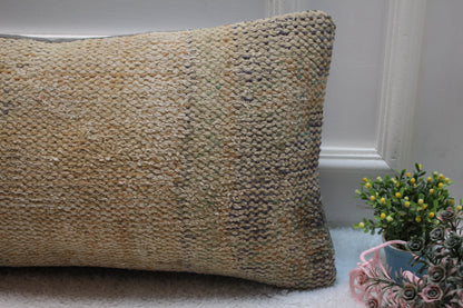 Beige Vintage Turkish Rug Pillow Cover: 12x24 Wool Lumbar Pillow