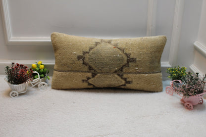 Handmade Geometric Kilim Lumbar Pillow Cover: Organic Wool, 12x24 inc