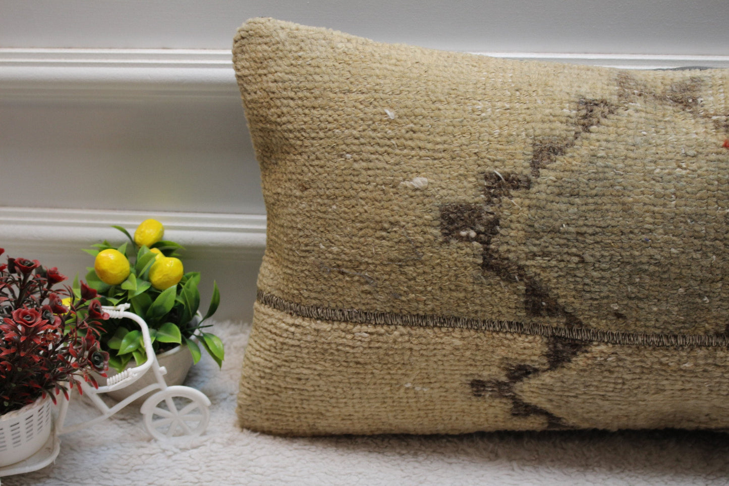 Handmade Geometric Kilim Lumbar Pillow Cover: Organic Wool, 12x24 inc