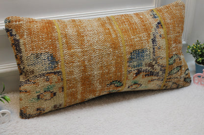 Handmade Orange Turkish Rug Lumbar Pillow Cover: Upcycled Kilim 12x24 inc