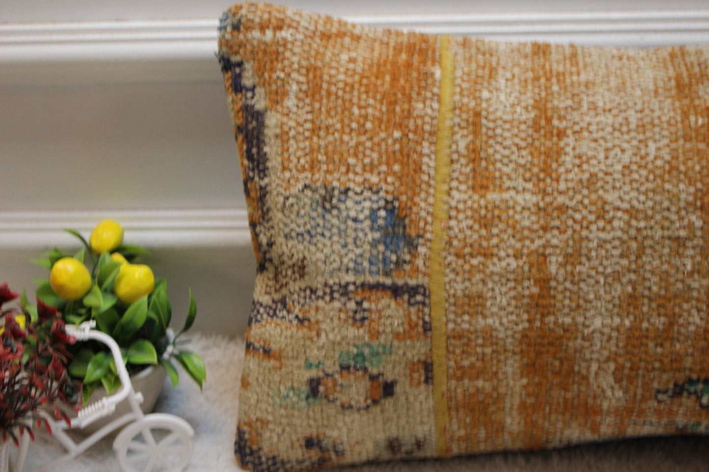 Handmade Orange Turkish Rug Lumbar Pillow Cover: Upcycled Kilim 12x24 inc
