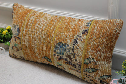 Handmade Orange Turkish Rug Lumbar Pillow Cover: Upcycled Kilim 12x24 inc