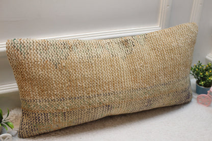 Beige Vintage Turkish Rug Lumbar Pillow Cover: Handmade Wool 12x24 inc