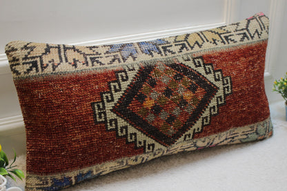 Red Turkish Rug Pillow Cover: Vintage Wool Lumbar Pillow (12x24 inc)
