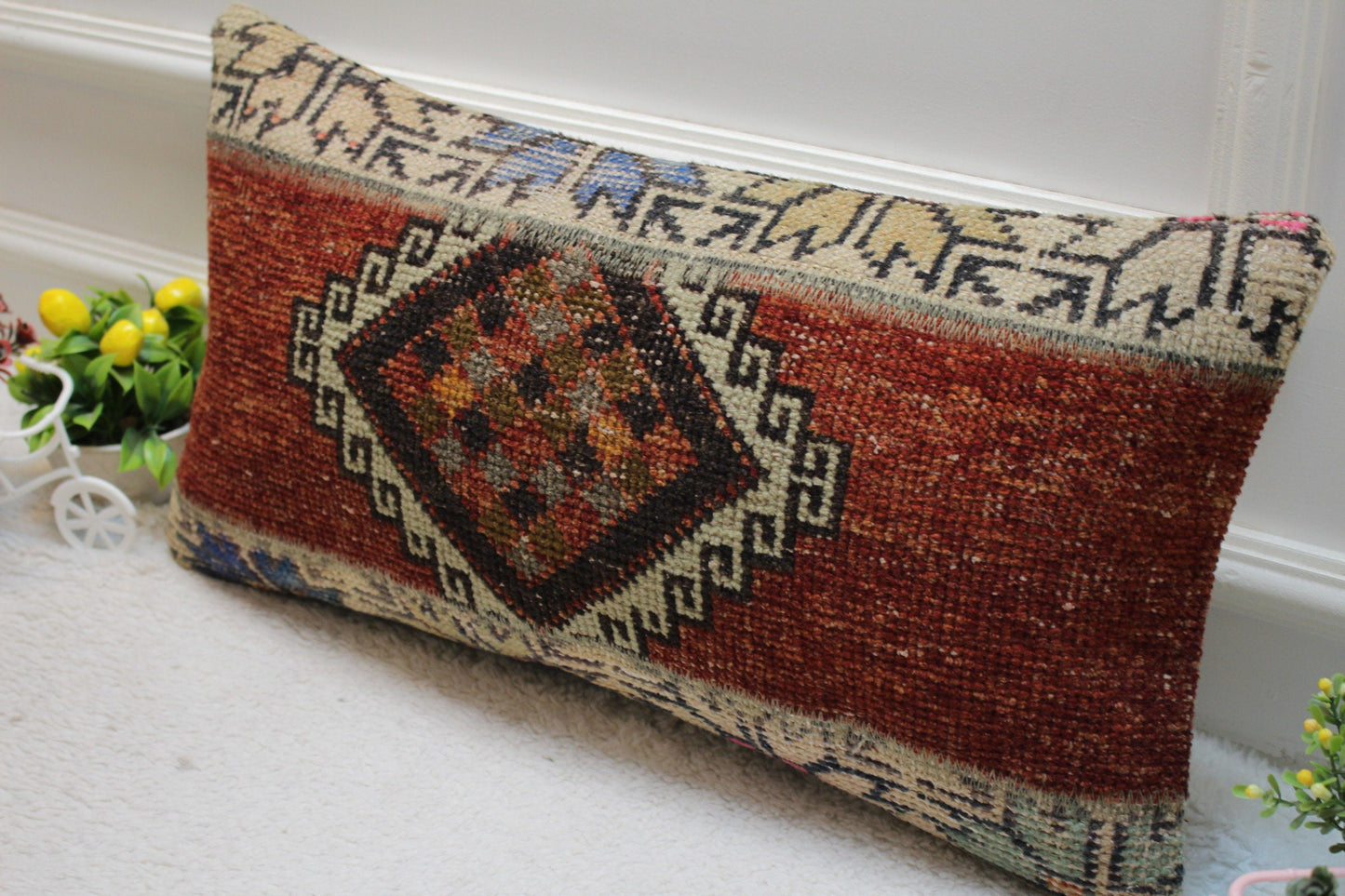 Red Turkish Rug Pillow Cover: Vintage Wool Lumbar Pillow (12x24 inc)