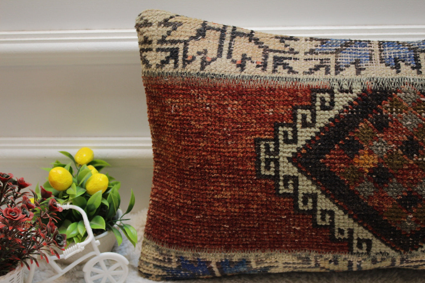 Red Turkish Rug Pillow Cover: Vintage Wool Lumbar Pillow (12x24 inc)