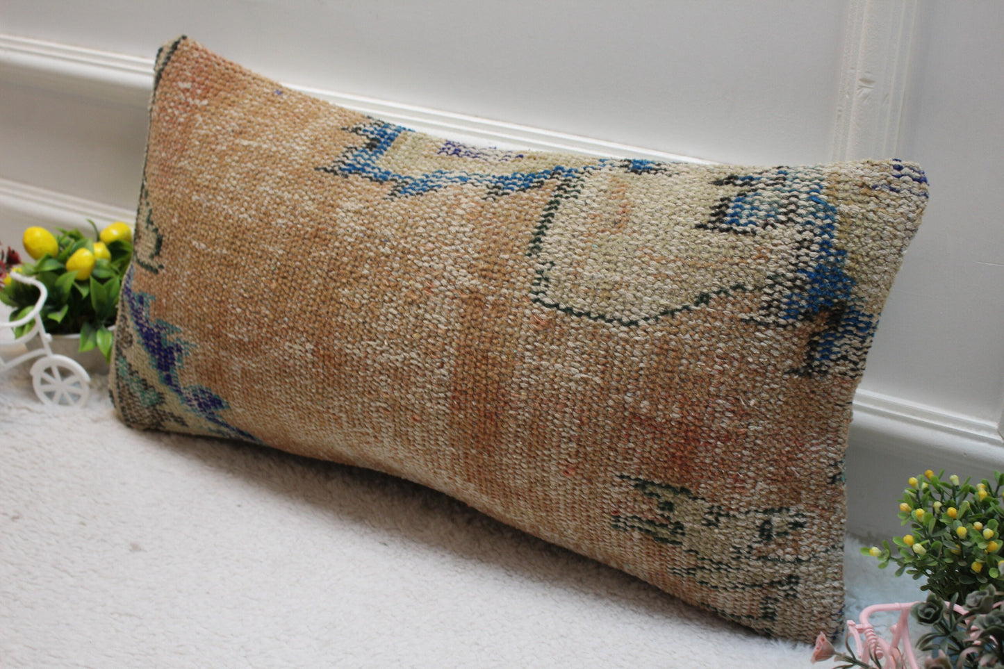 Handmade Turkish Rug Lumbar Pillow Cover: Organic Wool Kilim Pillow (12x24 in)