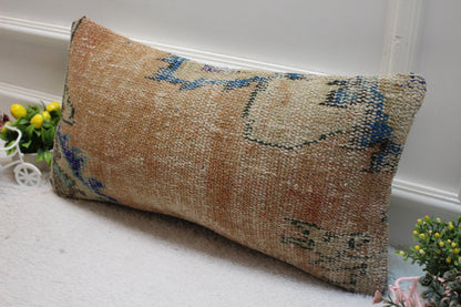 Handmade Turkish Rug Lumbar Pillow Cover: Organic Wool Kilim Pillow (12x24 in)