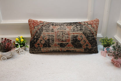 Handmade Black and Red Turkish Rug Lumbar Pillow Cover (12x24 in)