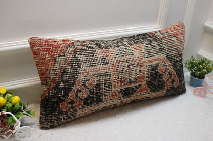 Handmade Black and Red Turkish Rug Lumbar Pillow Cover (12x24 in)