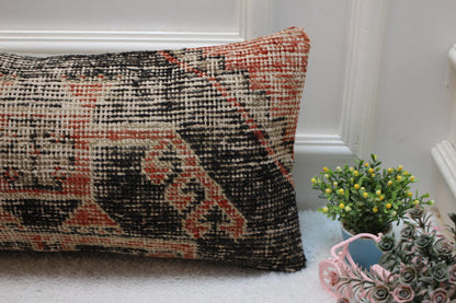 Handmade Black and Red Turkish Rug Lumbar Pillow Cover (12x24 in)