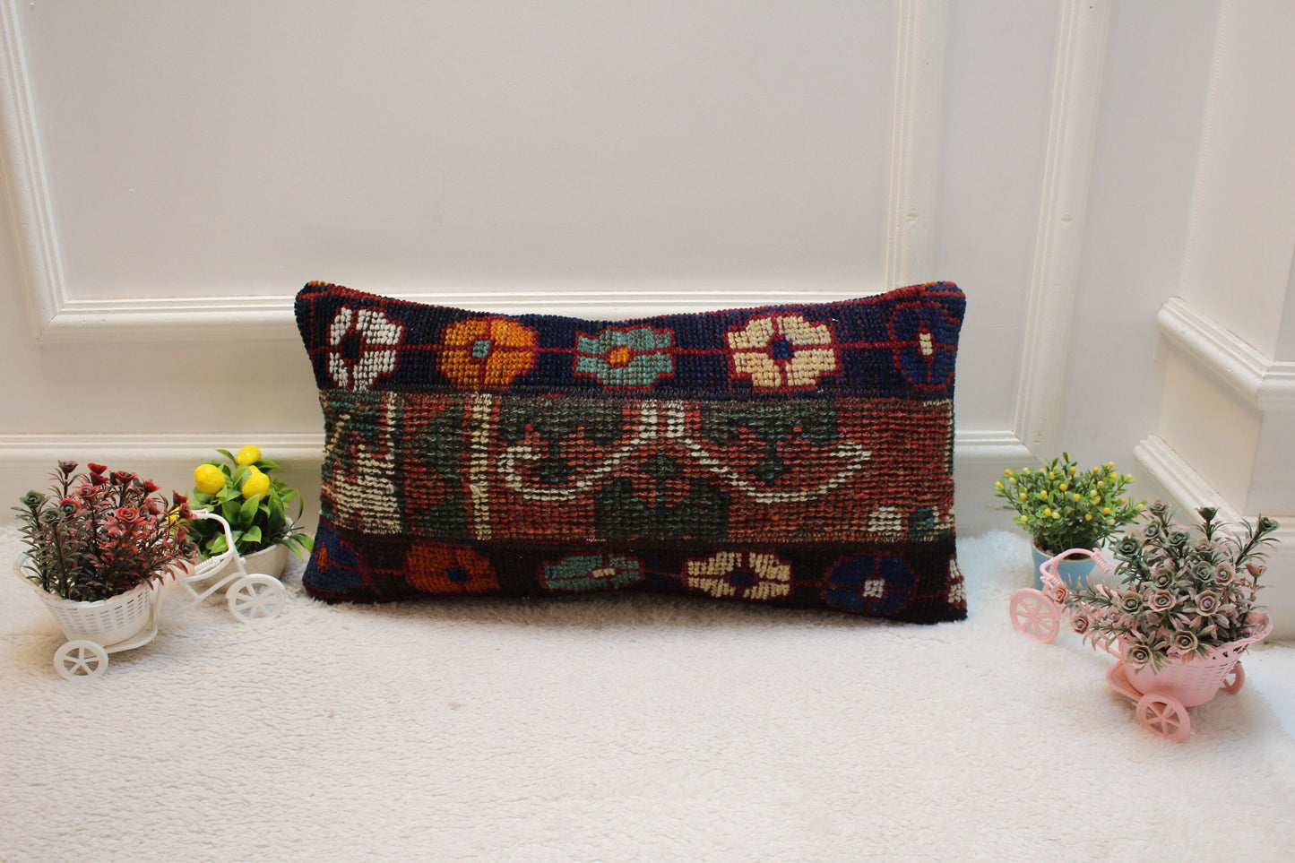 Floral Turkish Rug Pillow: Handmade Organic Wool Lumbar Cover (12x24 inc)