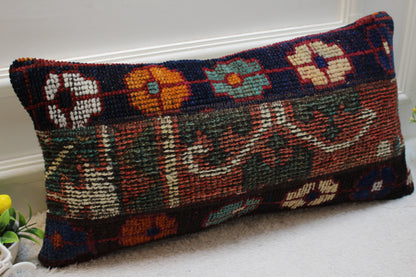 Floral Turkish Rug Pillow: Handmade Organic Wool Lumbar Cover (12x24 inc)