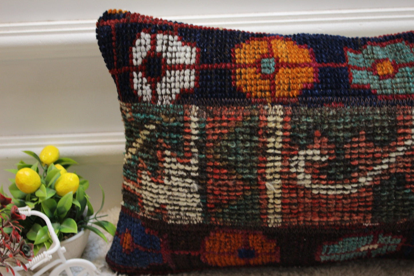 Floral Turkish Rug Pillow: Handmade Organic Wool Lumbar Cover (12x24 inc)