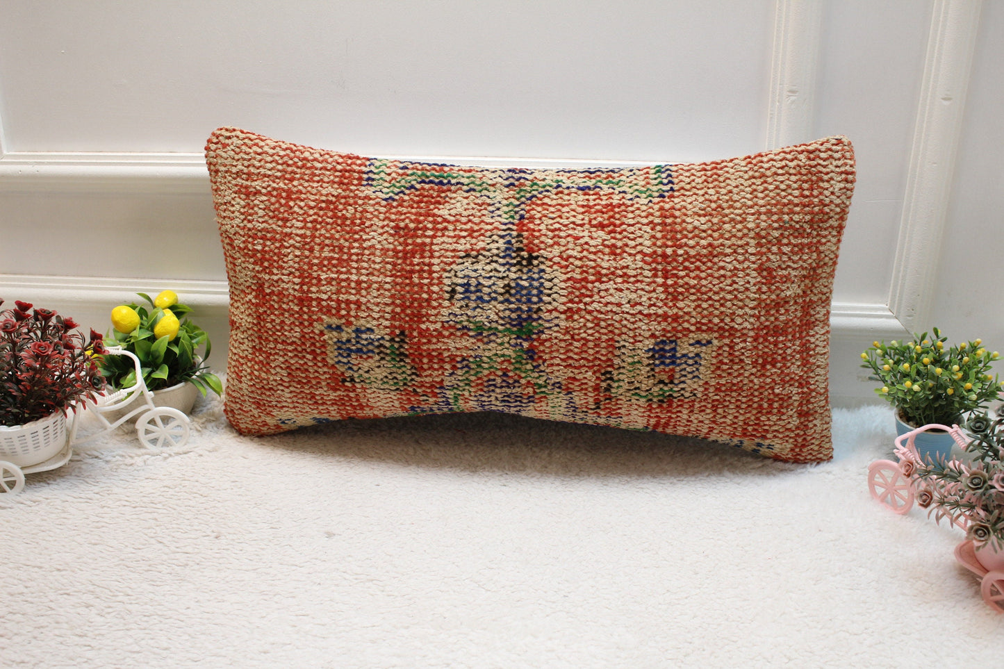 Red Vintage Turkish Rug Lumbar Pillow Cover: 12x24 inc Handmade Kilim Pillow