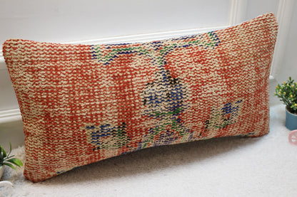 Red Vintage Turkish Rug Lumbar Pillow Cover: 12x24 inc Handmade Kilim Pillow