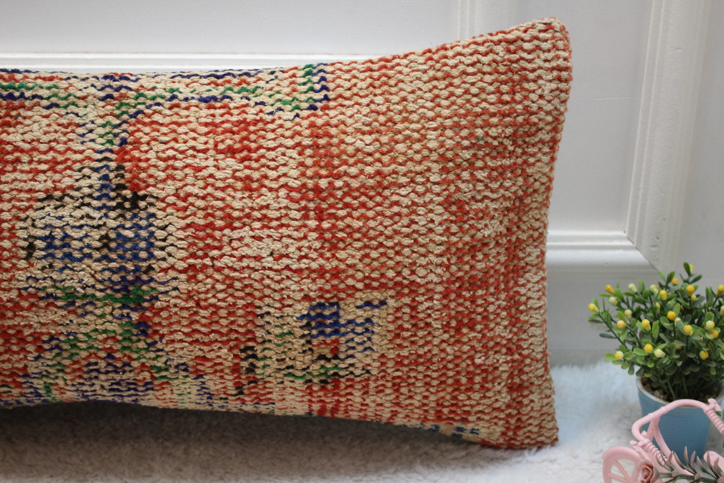 Red Vintage Turkish Rug Lumbar Pillow Cover: 12x24 inc Handmade Kilim Pillow